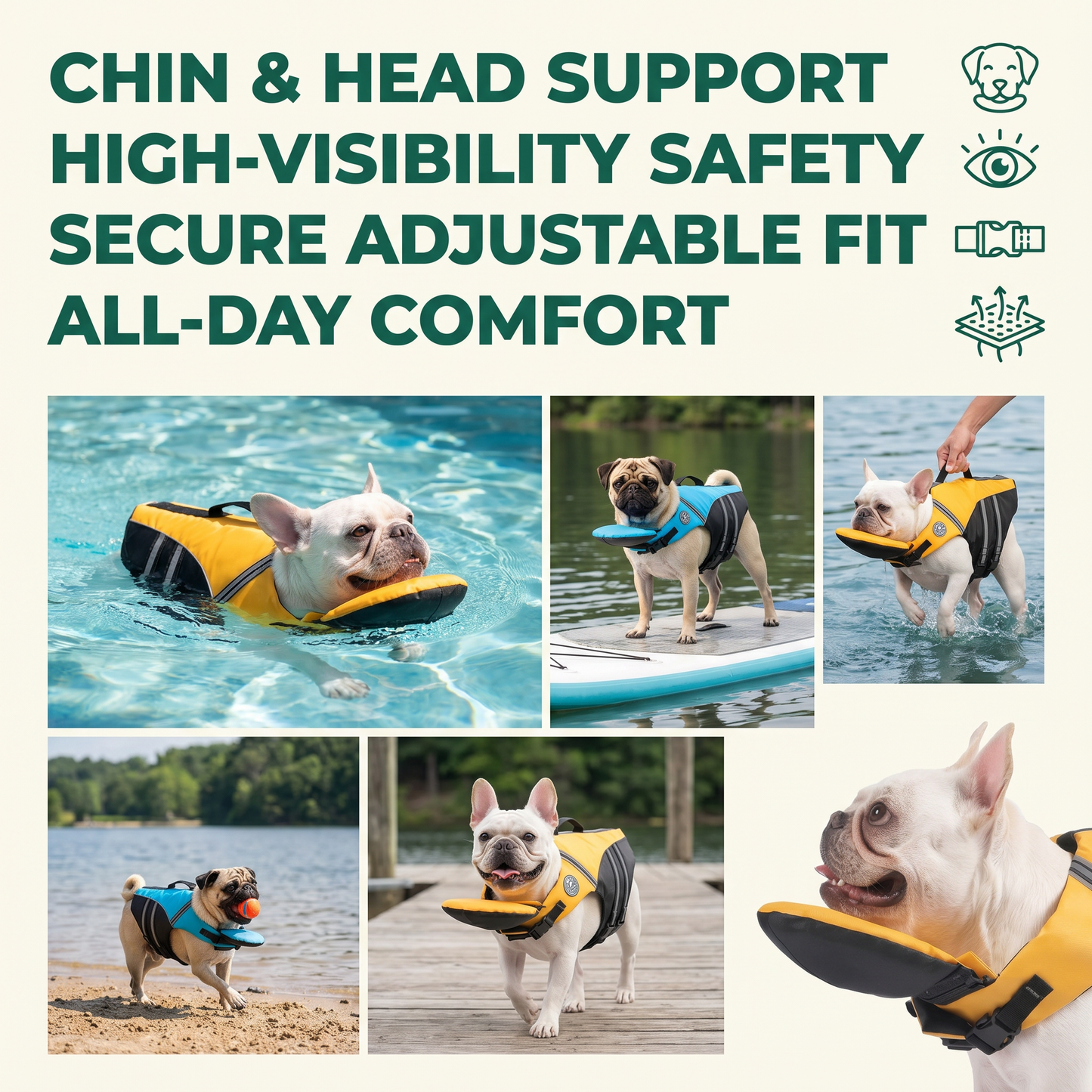 ChinFloat™ Dog Life Jacket 2.0 — Swim Vest for French Bulldogs, Pugs & Flat-Faced Breeds