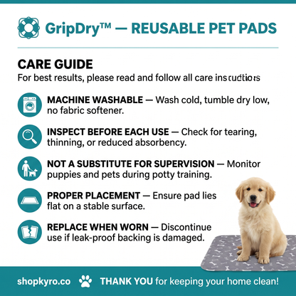 GripDry™ Reusable Dog Pee Pad — Washable, Leak-Proof, Non-Slip Potty & Travel Mat